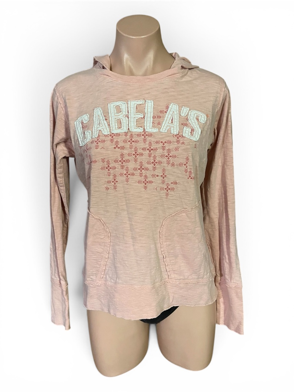Cabelas Hoodie Womens L Pink Jersey Knit Pullover Graphic Sweatshirt Hooded Top